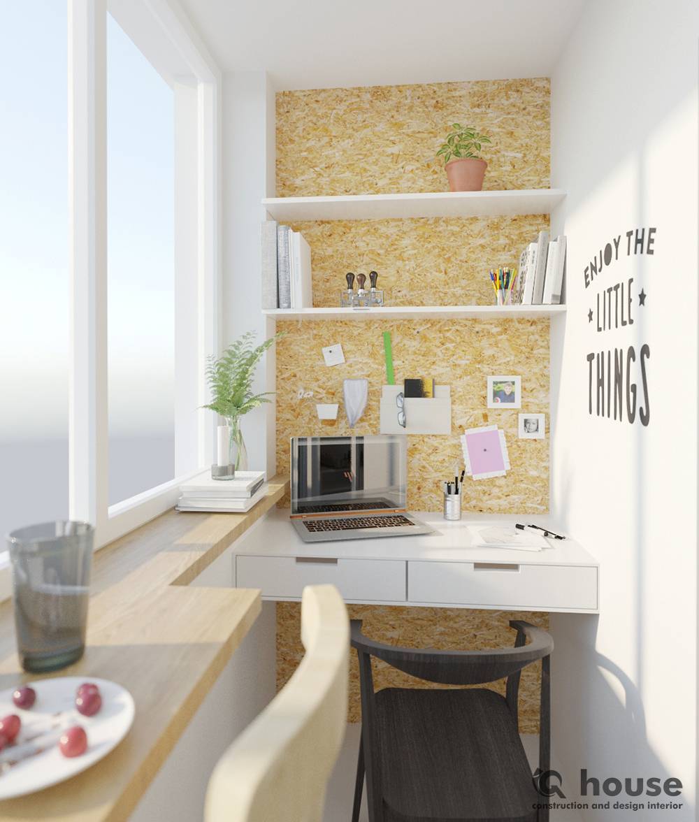 Дизайн лоджии с рабочим местом и местом для отдыха в скандинавском стиле